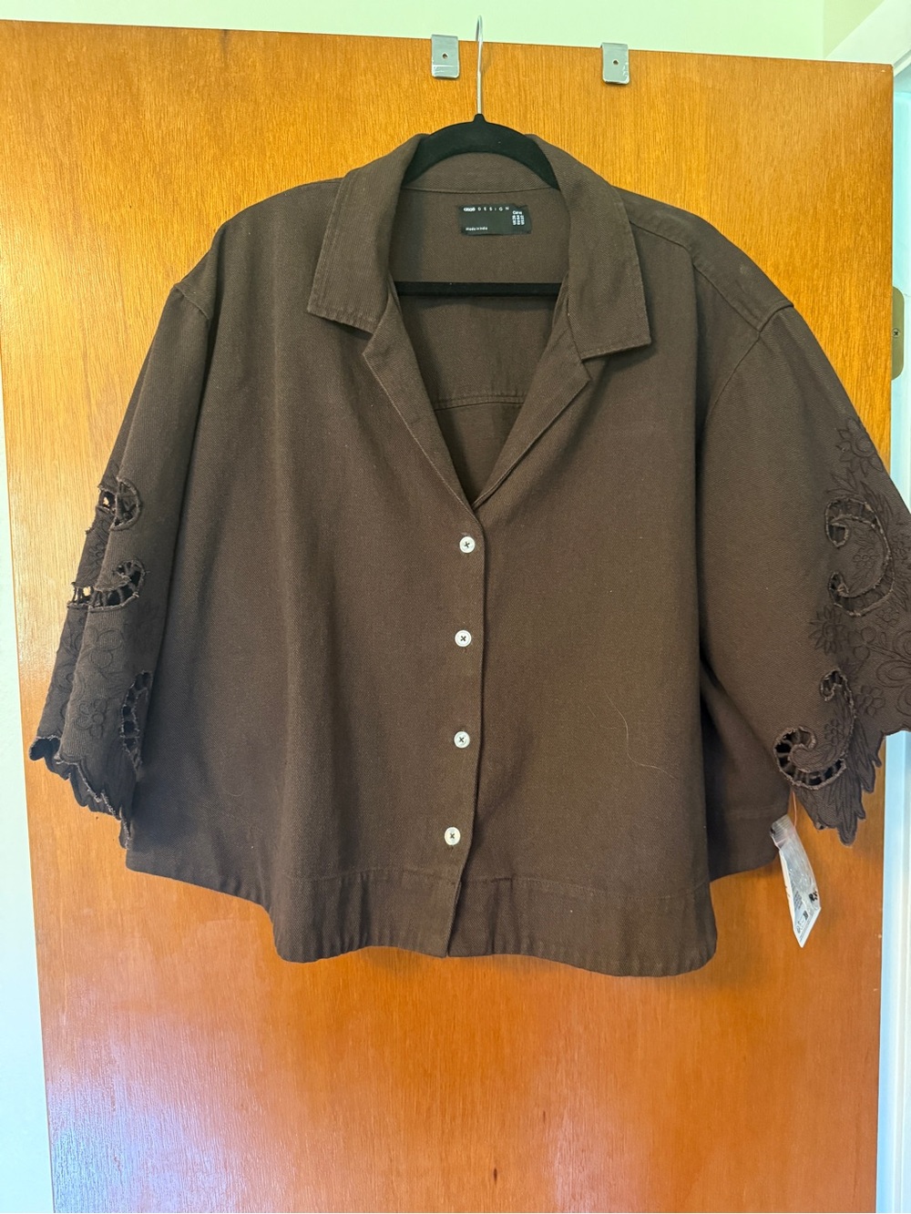 ASOS Curve Dark Brown Cropped Button-Down Top with Embroidered Sleeves